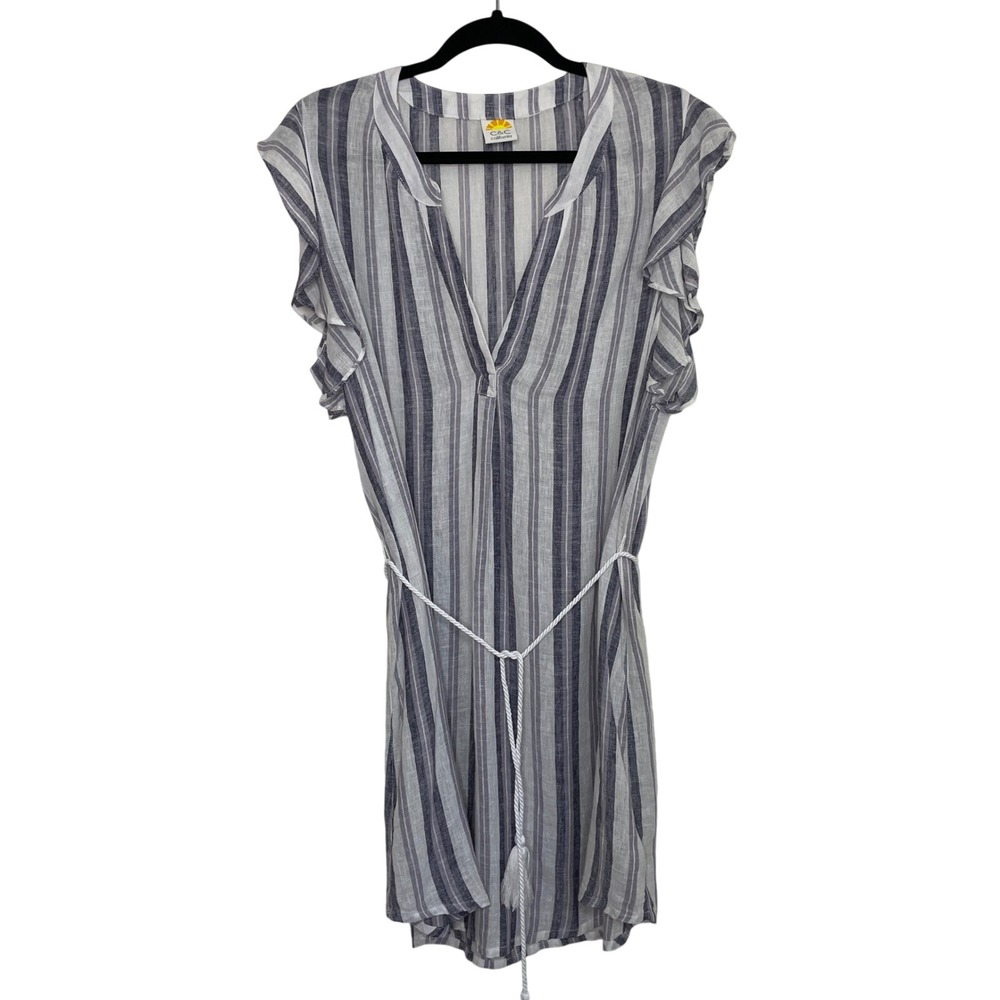 C&C California Linen Blend Striped Dress Sheer Womens M Blue White Coastal Beach